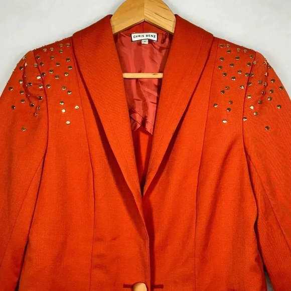 Chris Benz Statement Studded Shoulder Embellishments Wool Orange Blazer Size 6 - Picture 3 of 8